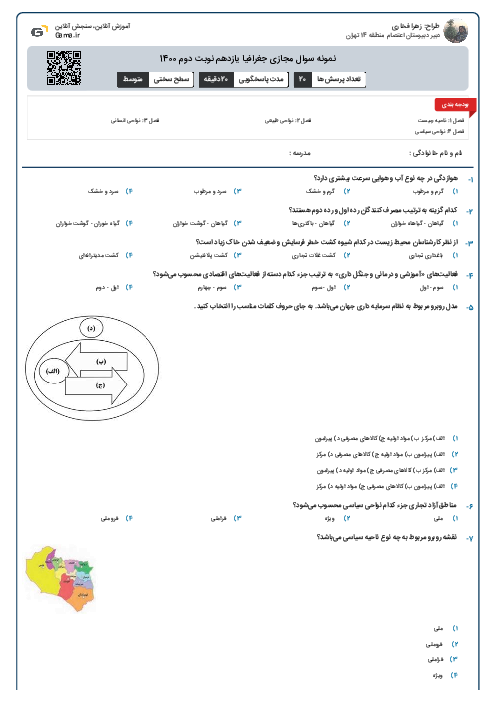 نمونه سوال مجازی جغرافیا یازدهم نوبت دوم 1400
