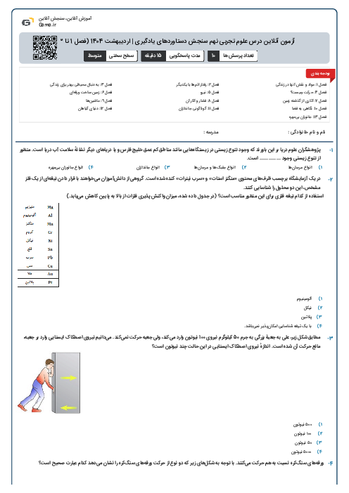 آزمون آنلاین درس علوم تجربی نهم سنجش دستاوردهای یادگیری | اردیبهشت 1404 (فصل 1 تا 13)