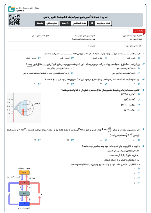 سری 1: سوالات آزمون ترم دوم فیزیک دهم رشته علوم ریاضی