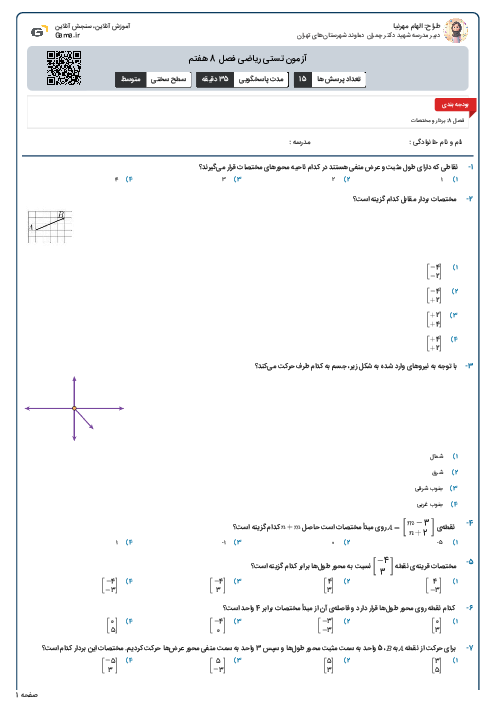 آزمون تستی ریاضی فصل 8 هفتم