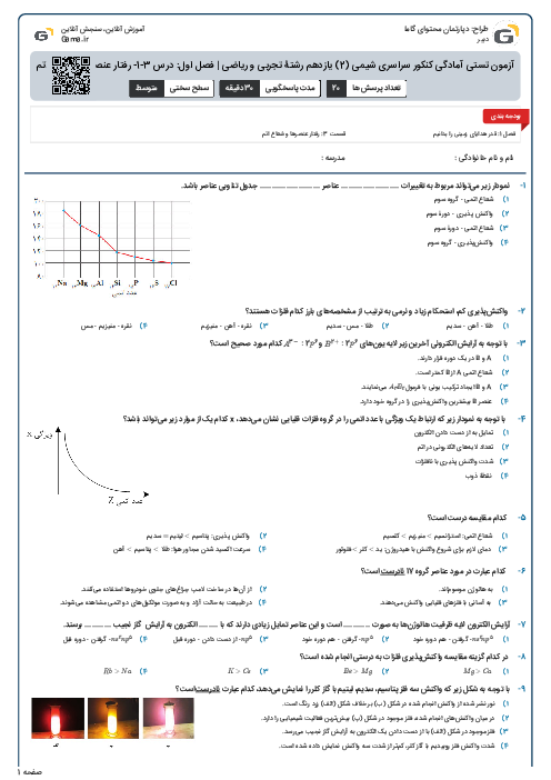 آزمون تستی آمادگی کنکور سراسری شیمی (2) یازدهم رشتۀ تجربی و ریاضی |  فصل اول: درس 3-1- رفتار عنصرها و شعاع اتم