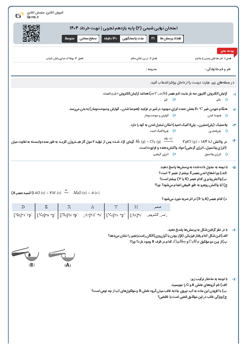 امتحان نهایی شیمی (2) پایه یازدهم تجربی | نوبت خرداد 1404