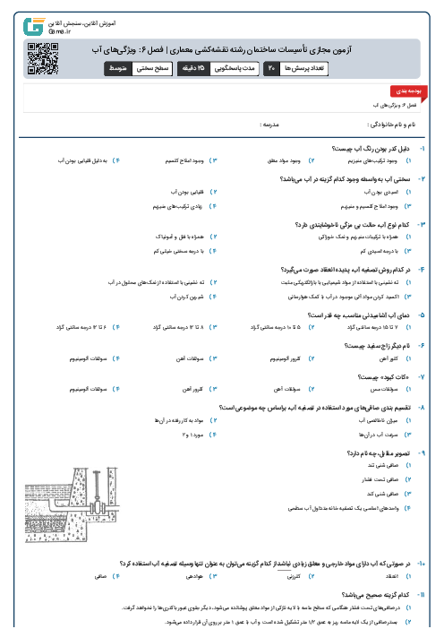 آزمون مجازی تأسیسات ساختمان رشته نقشه‌کشی معماری | فصل 6: ویژگی‌های آب